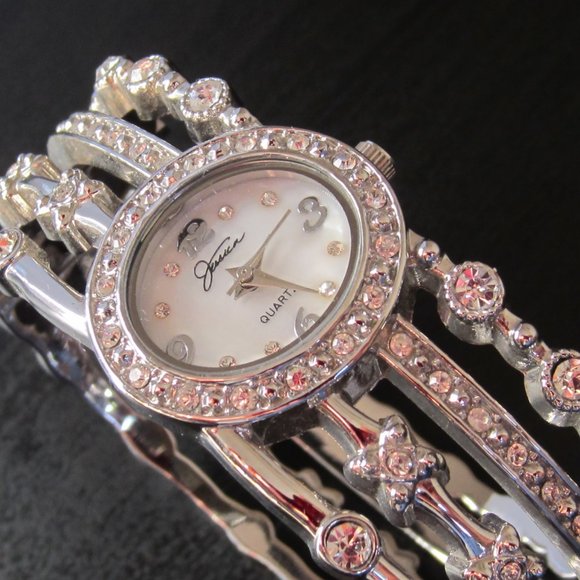 Fancy Bangle Watch Hinged Bracelet with MOP dial and Rhinestones - Picture 5 of 11